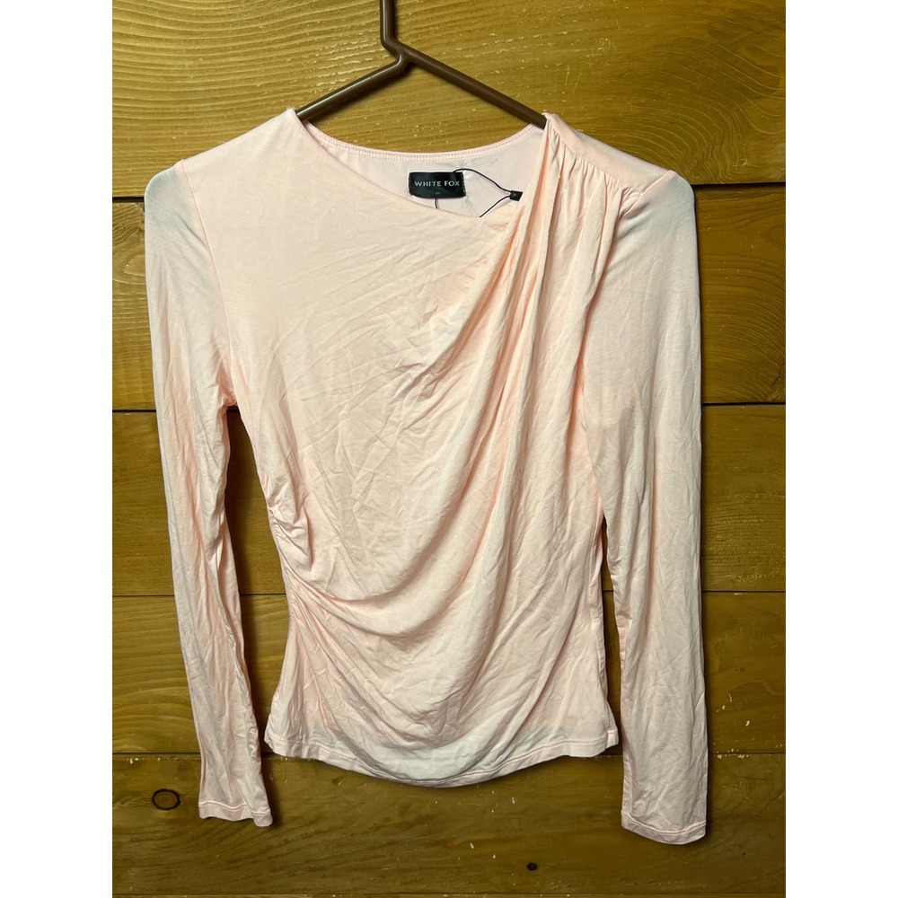 WHITE FOX Pink Ruched Long Sleeve V Neck Top Women's Medium Bodycon Trendy Chic